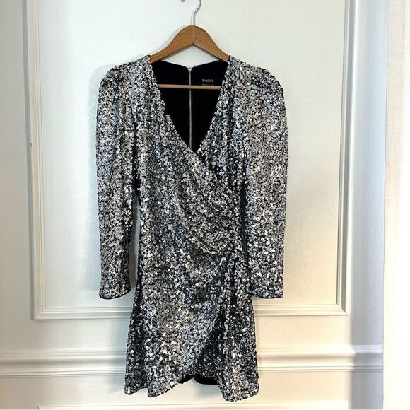 Bardot Sequin Long Sleeve Mini Dress Wrap Front Silver Size 6 NWT - Picture 1 of 9